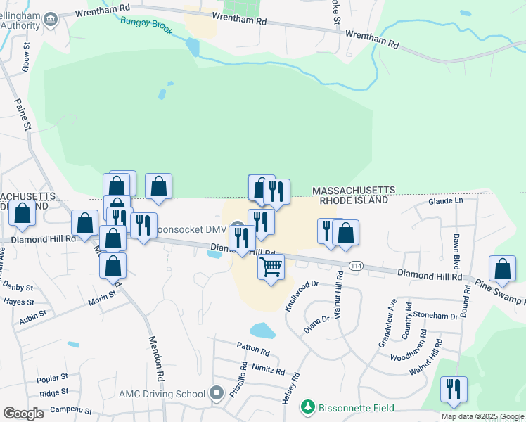 map of restaurants, bars, coffee shops, grocery stores, and more near 2000 Diamond Hill Road in Woonsocket