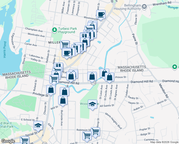 map of restaurants, bars, coffee shops, grocery stores, and more near 59 Dewey Street in Woonsocket