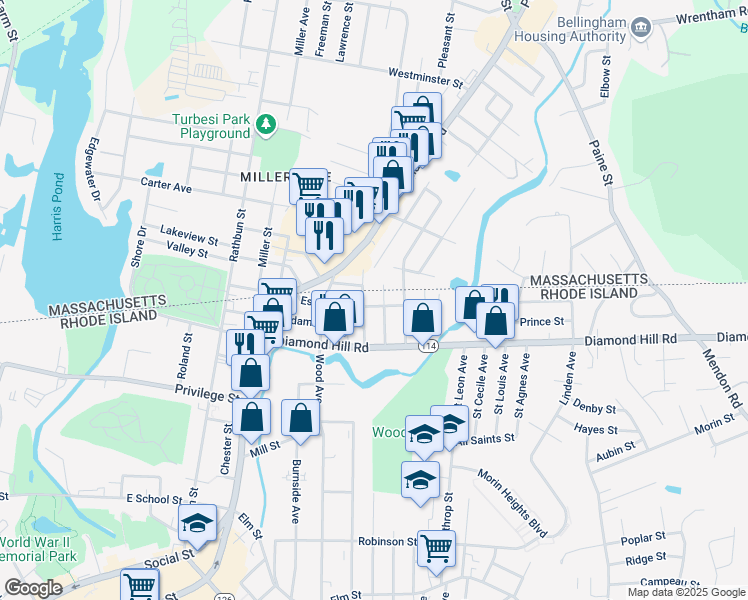 map of restaurants, bars, coffee shops, grocery stores, and more near 71 Salisbury Street in Woonsocket