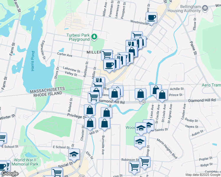 map of restaurants, bars, coffee shops, grocery stores, and more near 250 Adams Street in Woonsocket