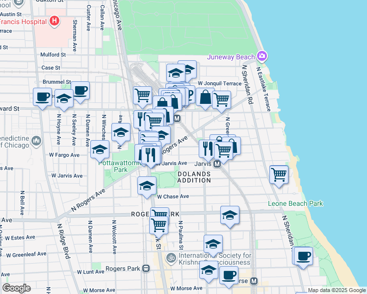 map of restaurants, bars, coffee shops, grocery stores, and more near 1637 West Fargo Avenue in Chicago