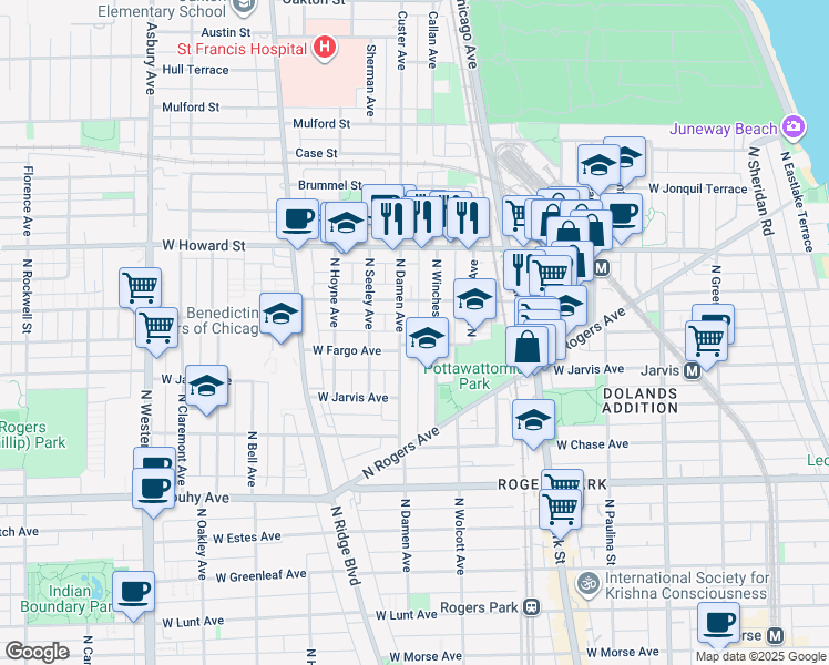 map of restaurants, bars, coffee shops, grocery stores, and more near 7384 North Winchester Avenue in Chicago