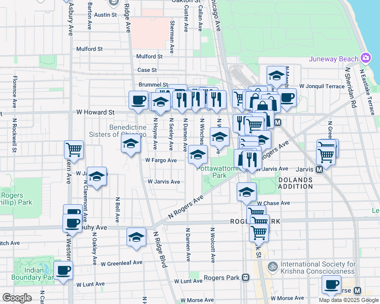 map of restaurants, bars, coffee shops, grocery stores, and more near 7384 North Winchester Avenue in Chicago