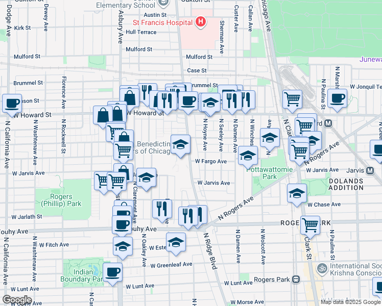 map of restaurants, bars, coffee shops, grocery stores, and more near 7415 North Ridge Boulevard in Chicago