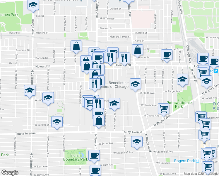 map of restaurants, bars, coffee shops, grocery stores, and more near 7429 North Claremont Avenue in Chicago