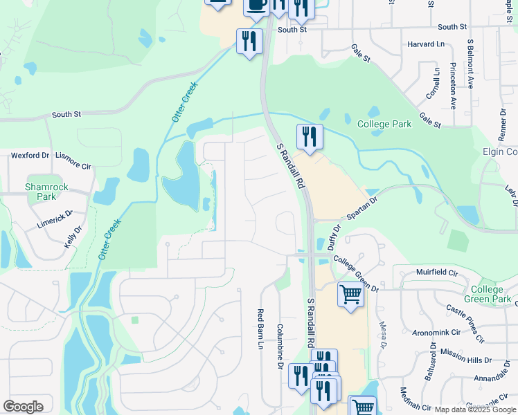 map of restaurants, bars, coffee shops, grocery stores, and more near 635 Covered Bridge Drive in Elgin