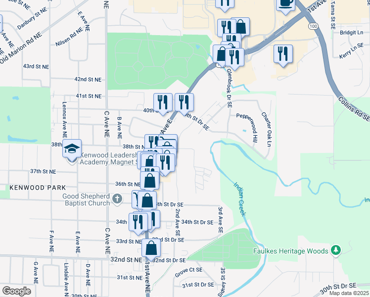 map of restaurants, bars, coffee shops, grocery stores, and more near 235 38th Street Drive Southeast in Cedar Rapids