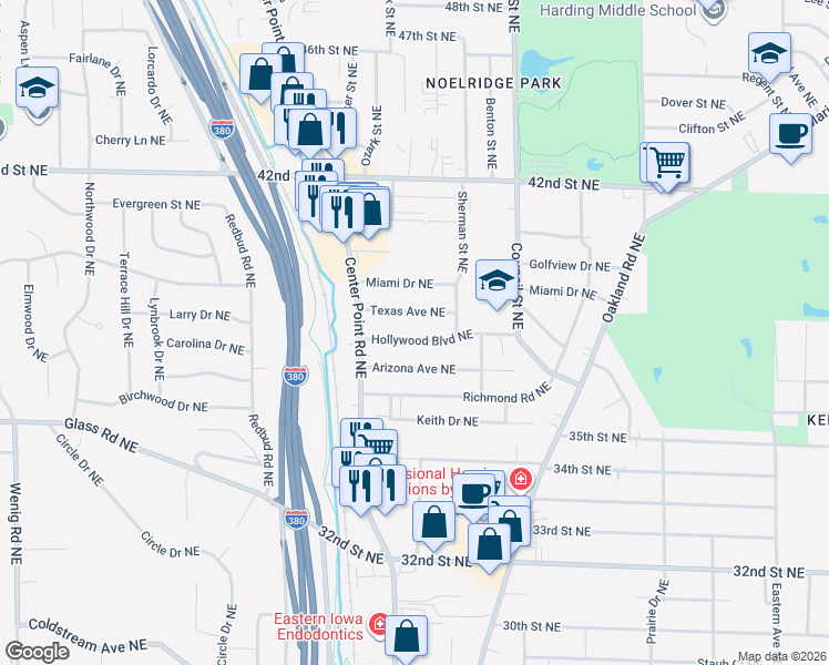 map of restaurants, bars, coffee shops, grocery stores, and more near 1639 Hollywood Blvd NE in Cedar Rapids