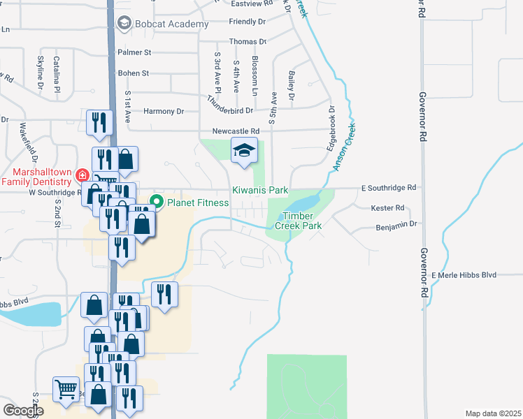 map of restaurants, bars, coffee shops, grocery stores, and more near 403 Melody Lane in Marshalltown