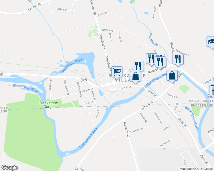 map of restaurants, bars, coffee shops, grocery stores, and more near 215 Main Street in Blackstone