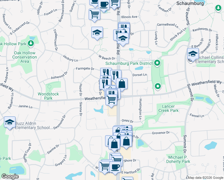 map of restaurants, bars, coffee shops, grocery stores, and more near 520-590 South Roselle Road in Schaumburg