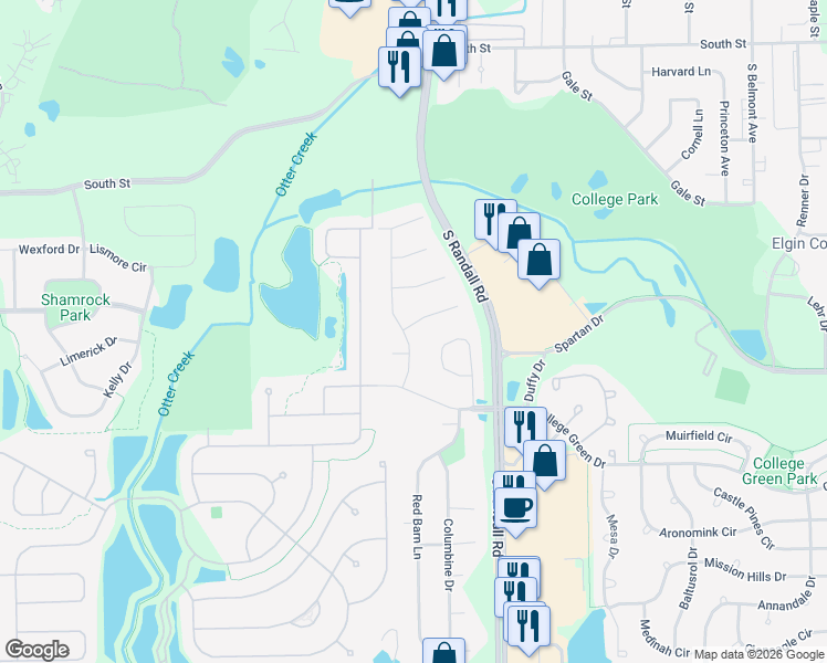 map of restaurants, bars, coffee shops, grocery stores, and more near 635 Covered Bridge Drive in Elgin
