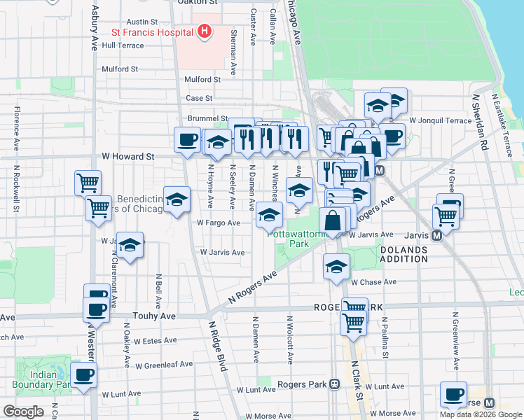 map of restaurants, bars, coffee shops, grocery stores, and more near 7384 North Winchester Avenue in Chicago