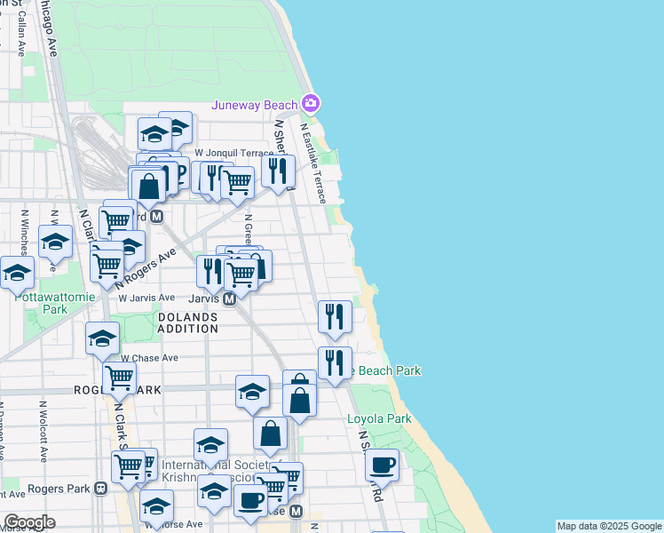 map of restaurants, bars, coffee shops, grocery stores, and more near 1335 West Fargo Avenue in Chicago