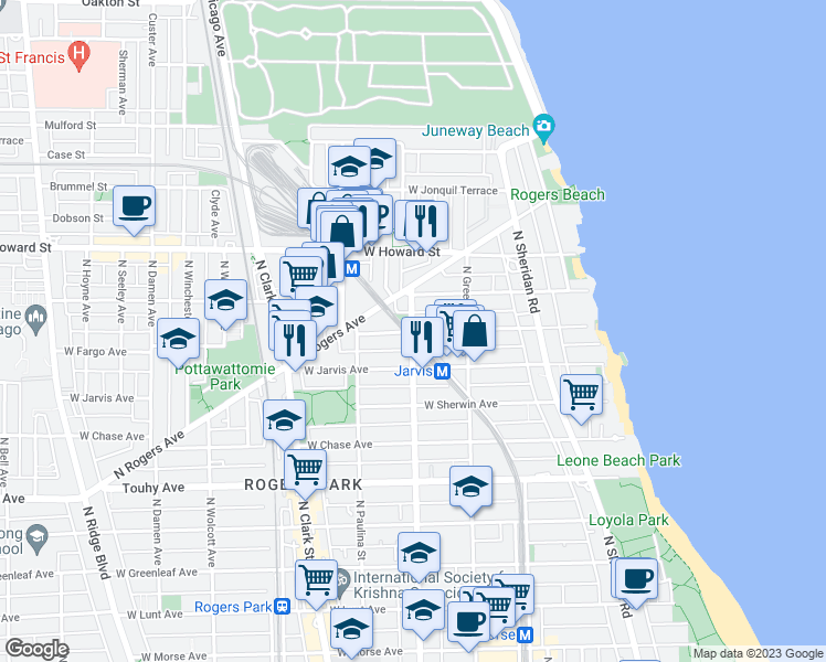 map of restaurants, bars, coffee shops, grocery stores, and more near North Ashland Avenue & West Fargo Avenue in Chicago