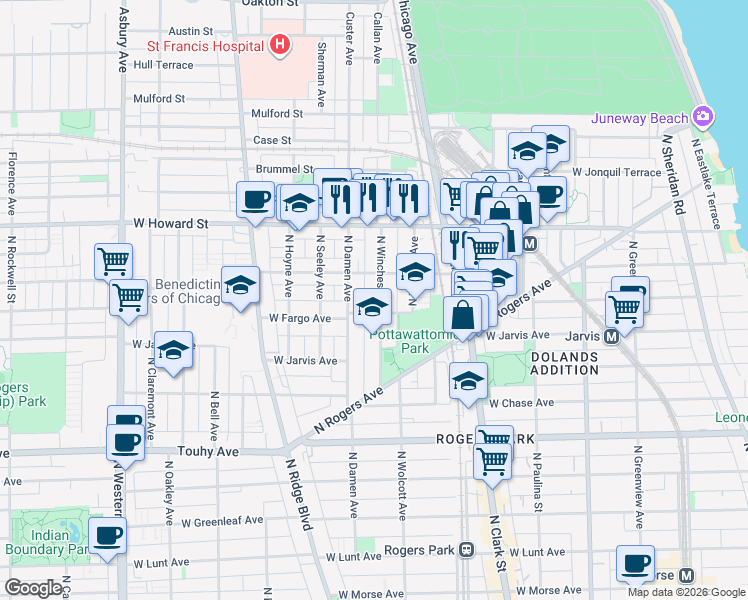 map of restaurants, bars, coffee shops, grocery stores, and more near 7410 North Winchester Avenue in Chicago