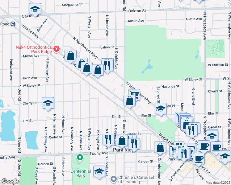map of restaurants, bars, coffee shops, grocery stores, and more near 510 North Greenwood Avenue in Park Ridge
