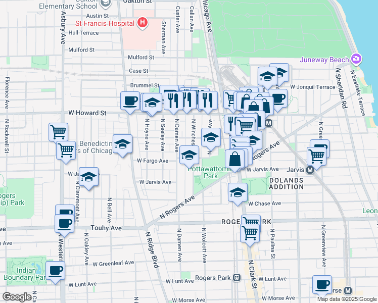 map of restaurants, bars, coffee shops, grocery stores, and more near 7384 North Winchester Avenue in Chicago