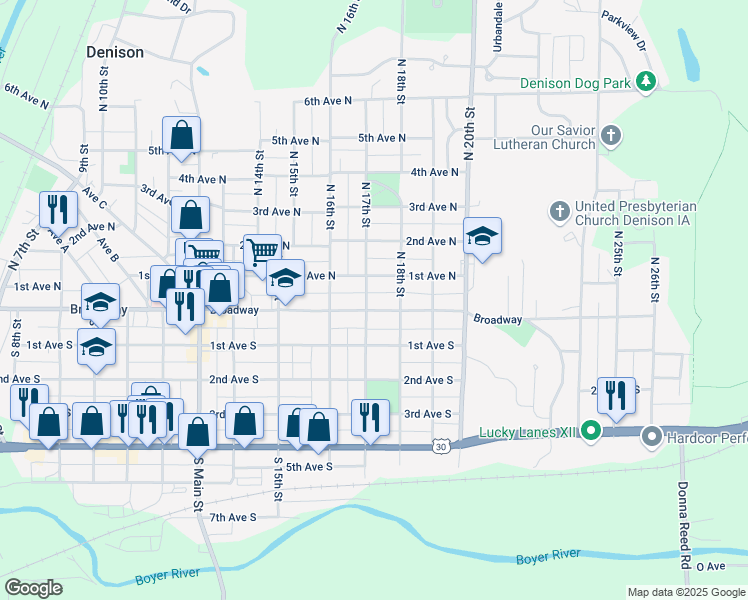 map of restaurants, bars, coffee shops, grocery stores, and more near 1701-1799 Broadway in Denison
