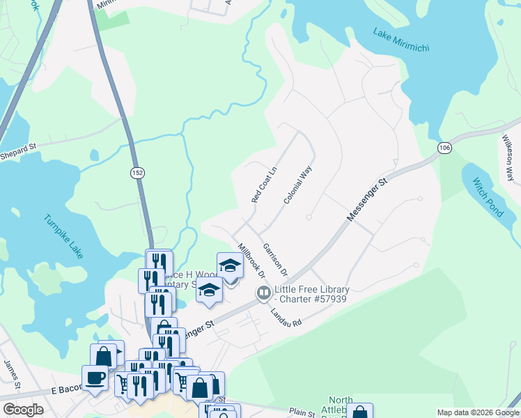 map of restaurants, bars, coffee shops, grocery stores, and more near 7 Red Coat Lane in Plainville