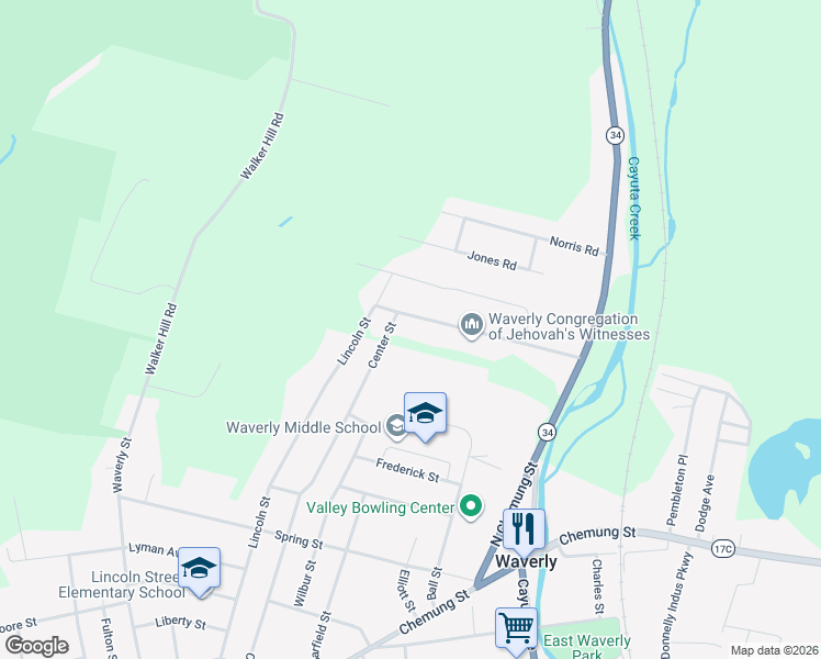 map of restaurants, bars, coffee shops, grocery stores, and more near 12 Circle Dr in Waverly