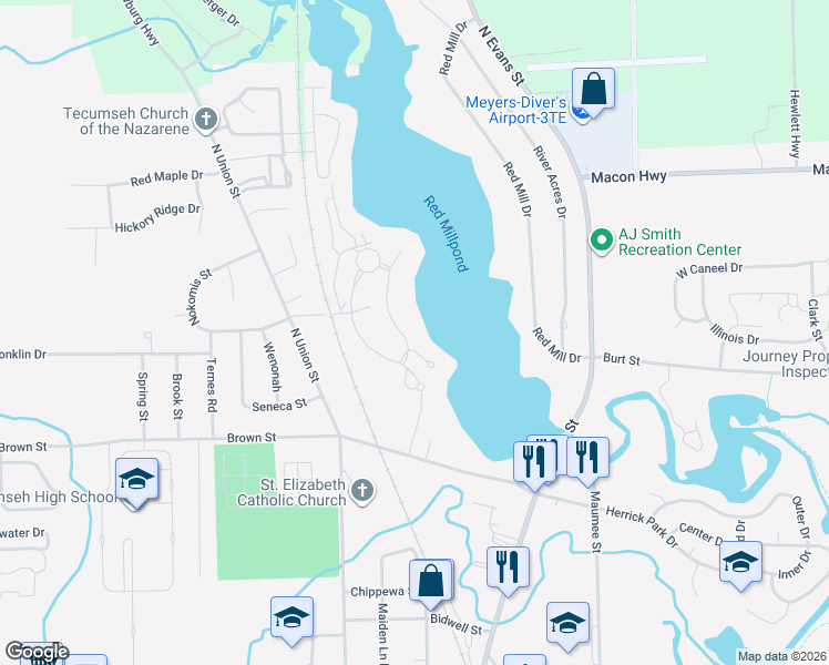 map of restaurants, bars, coffee shops, grocery stores, and more near Red Mill Point in Tecumseh