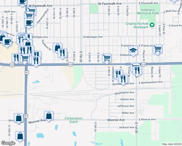 map of restaurants, bars, coffee shops, grocery stores, and more near 516 Hastings Avenue in Norfolk