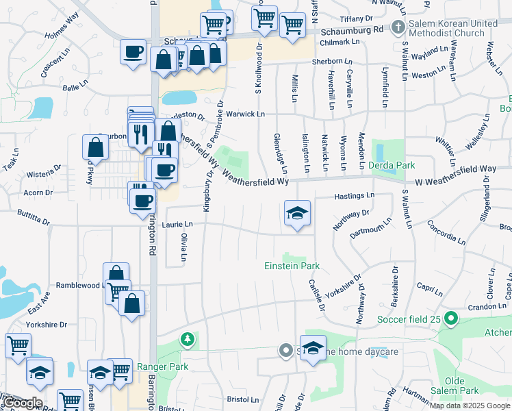 map of restaurants, bars, coffee shops, grocery stores, and more near 8208 North Brockton Court in Hanover Park
