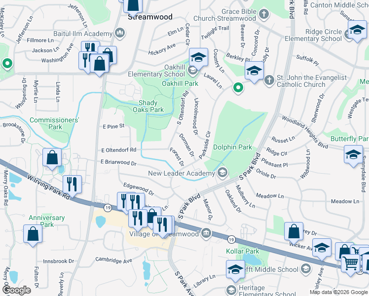 map of restaurants, bars, coffee shops, grocery stores, and more near 805 Forest Drive in Streamwood