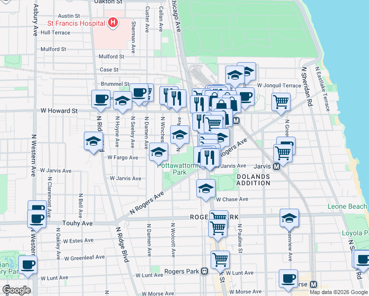 map of restaurants, bars, coffee shops, grocery stores, and more near 7401 North Wolcott Avenue in Chicago