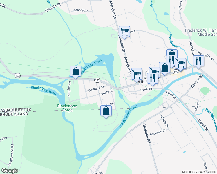 map of restaurants, bars, coffee shops, grocery stores, and more near 2 Butler Street in Blackstone