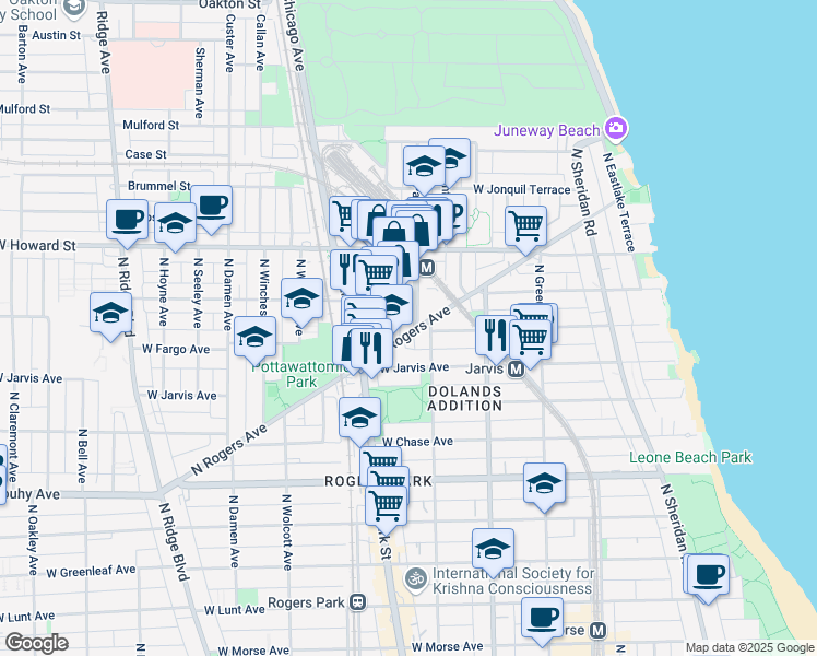 map of restaurants, bars, coffee shops, grocery stores, and more near 7450 North Rogers Avenue in Chicago