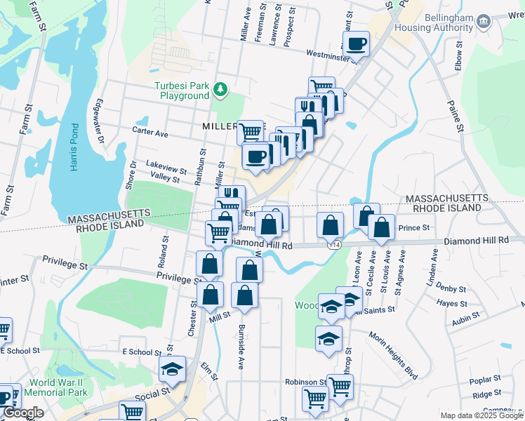 map of restaurants, bars, coffee shops, grocery stores, and more near 250 Adams Street in Woonsocket