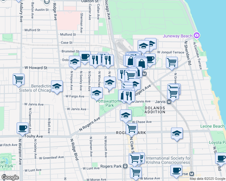 map of restaurants, bars, coffee shops, grocery stores, and more near 7401 North Wolcott Avenue in Chicago