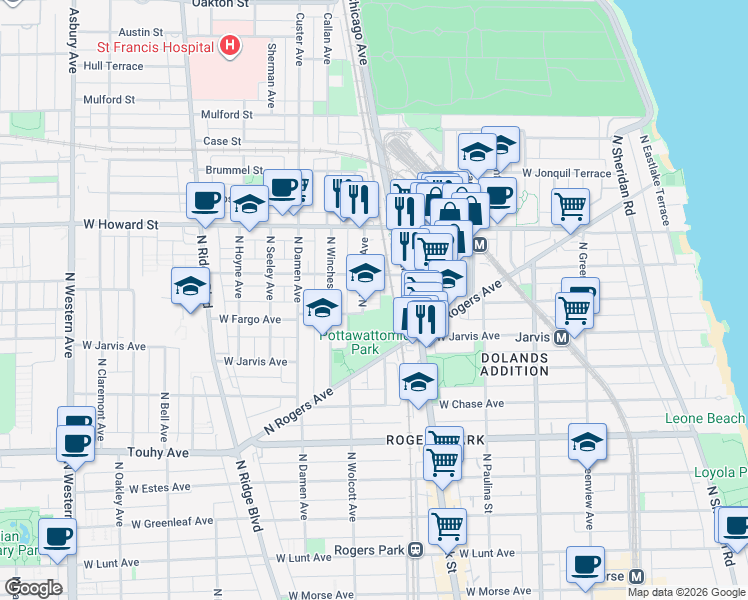map of restaurants, bars, coffee shops, grocery stores, and more near 7401 North Wolcott Avenue in Chicago