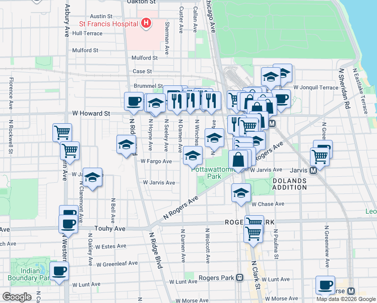 map of restaurants, bars, coffee shops, grocery stores, and more near 7384 North Winchester Avenue in Chicago