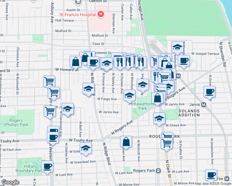 map of restaurants, bars, coffee shops, grocery stores, and more near 2002 West Fargo Avenue in Chicago