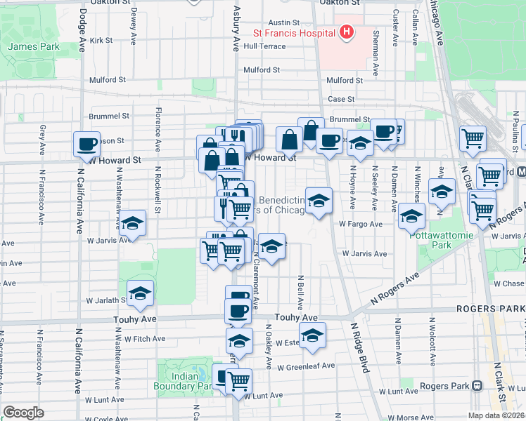 map of restaurants, bars, coffee shops, grocery stores, and more near 7429 North Claremont Avenue in Chicago