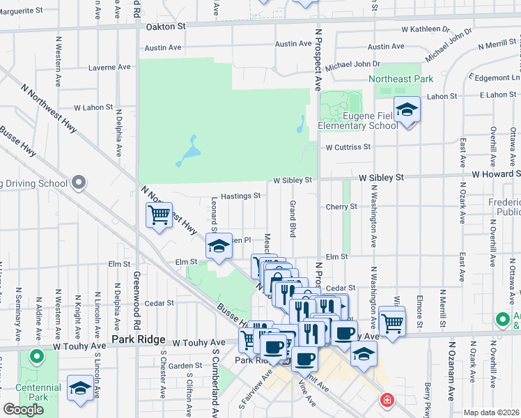 map of restaurants, bars, coffee shops, grocery stores, and more near 419 Meacham Avenue in Park Ridge