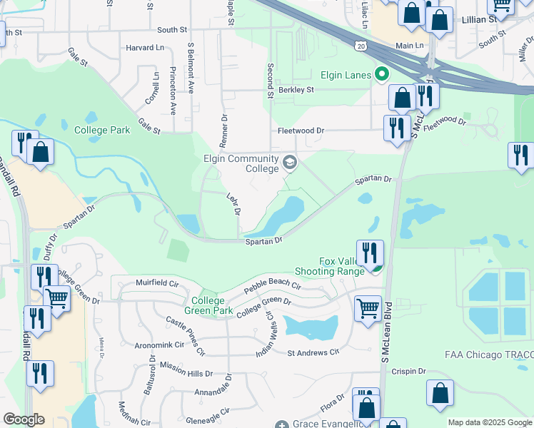 map of restaurants, bars, coffee shops, grocery stores, and more near in Elgin