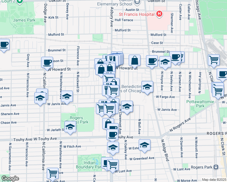 map of restaurants, bars, coffee shops, grocery stores, and more near 7453 North Western Avenue in Chicago
