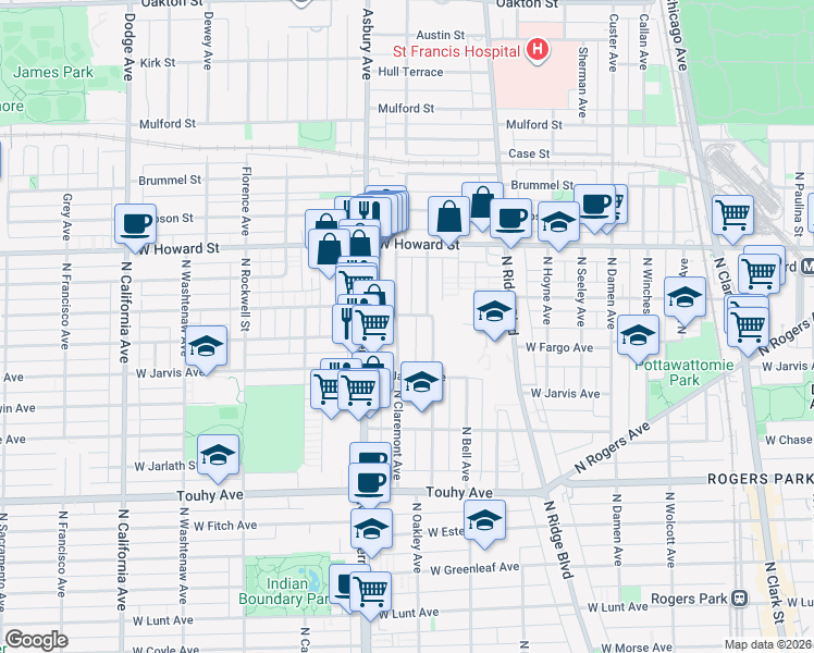 map of restaurants, bars, coffee shops, grocery stores, and more near 7429 North Claremont Avenue in Chicago