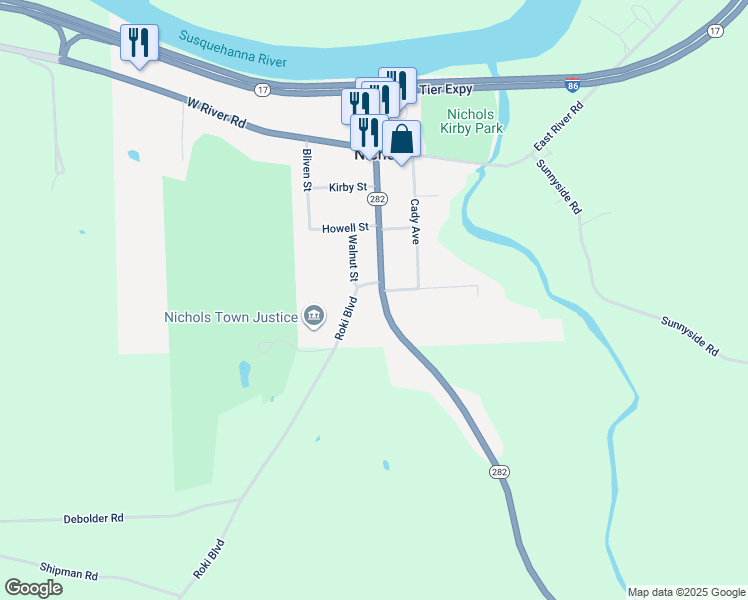 map of restaurants, bars, coffee shops, grocery stores, and more near 373 Main Street in Owego