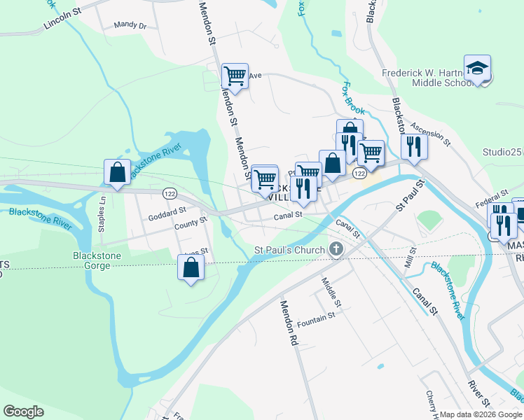 map of restaurants, bars, coffee shops, grocery stores, and more near 3 Old Mendon Street in Blackstone