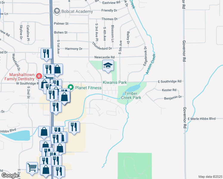 map of restaurants, bars, coffee shops, grocery stores, and more near 403 Melody Lane in Marshalltown