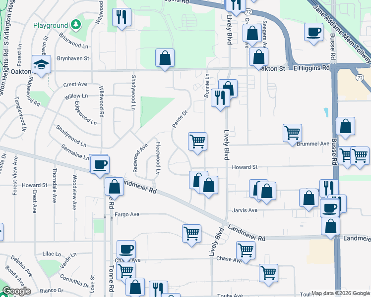 map of restaurants, bars, coffee shops, grocery stores, and more near 650 Perrie Drive in Elk Grove Village