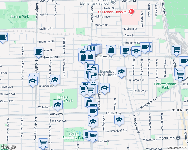 map of restaurants, bars, coffee shops, grocery stores, and more near 7425 North Western Avenue in Chicago