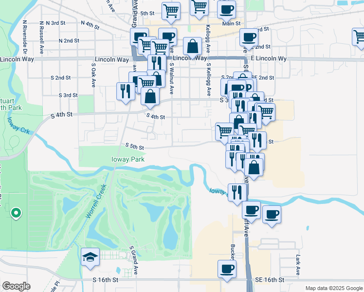 map of restaurants, bars, coffee shops, grocery stores, and more near South 5th Street in Ames