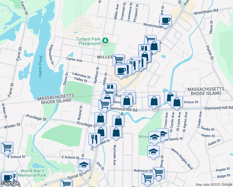 map of restaurants, bars, coffee shops, grocery stores, and more near 160 Adams Street in Woonsocket