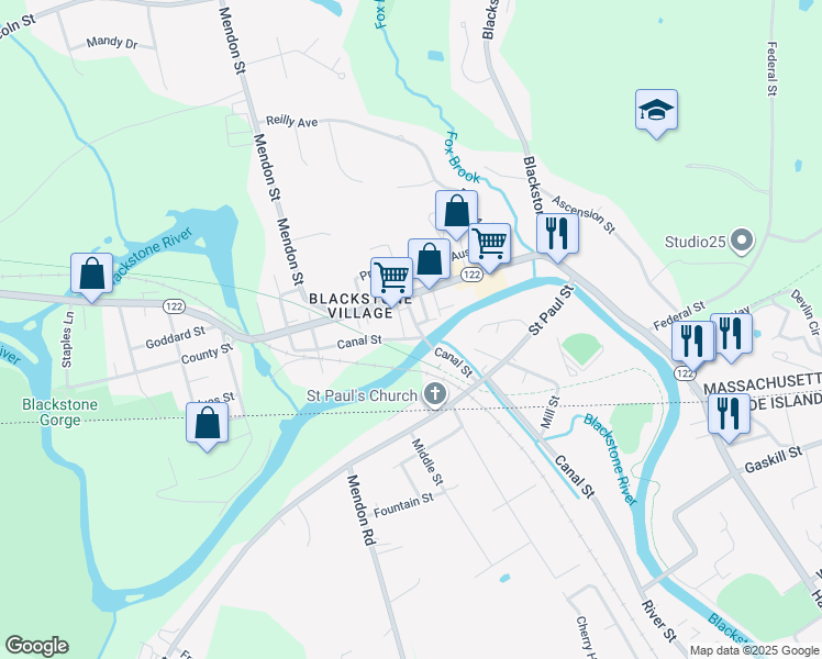 map of restaurants, bars, coffee shops, grocery stores, and more near 99 Canal Street in Blackstone